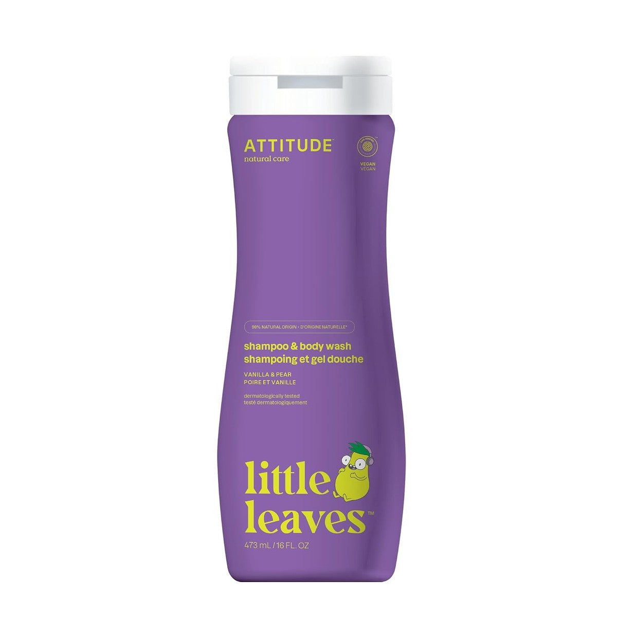 ATTITUDE Shampoo en bodywash voor kinderen, EWG geteste haar- en lichaamsreiniger, dermatologisch geteste zeep, badproducten op plantaardige en minerale basis, veganistisch, vanille en peer, 473 ml – ATTITUDE