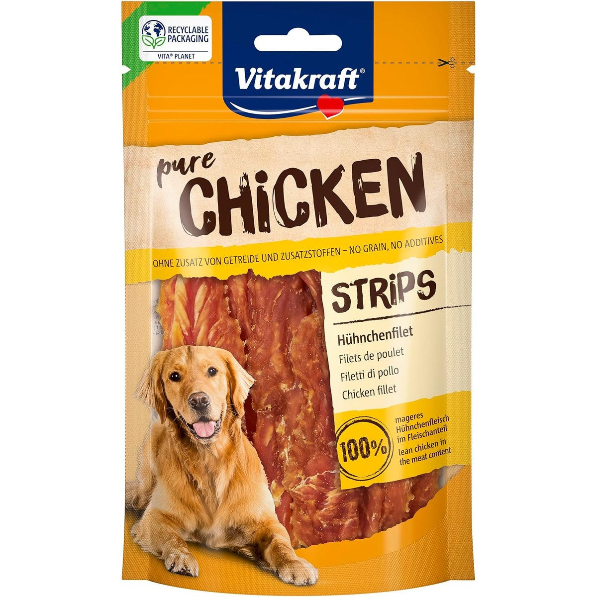 Vitakraft Pure Chicken Strips, hondenlekkernijen, kippenfilet, hondentrainingslekkernijen, zonder toevoeging van suiker en granen (1 x 80 g) – Vitakraft