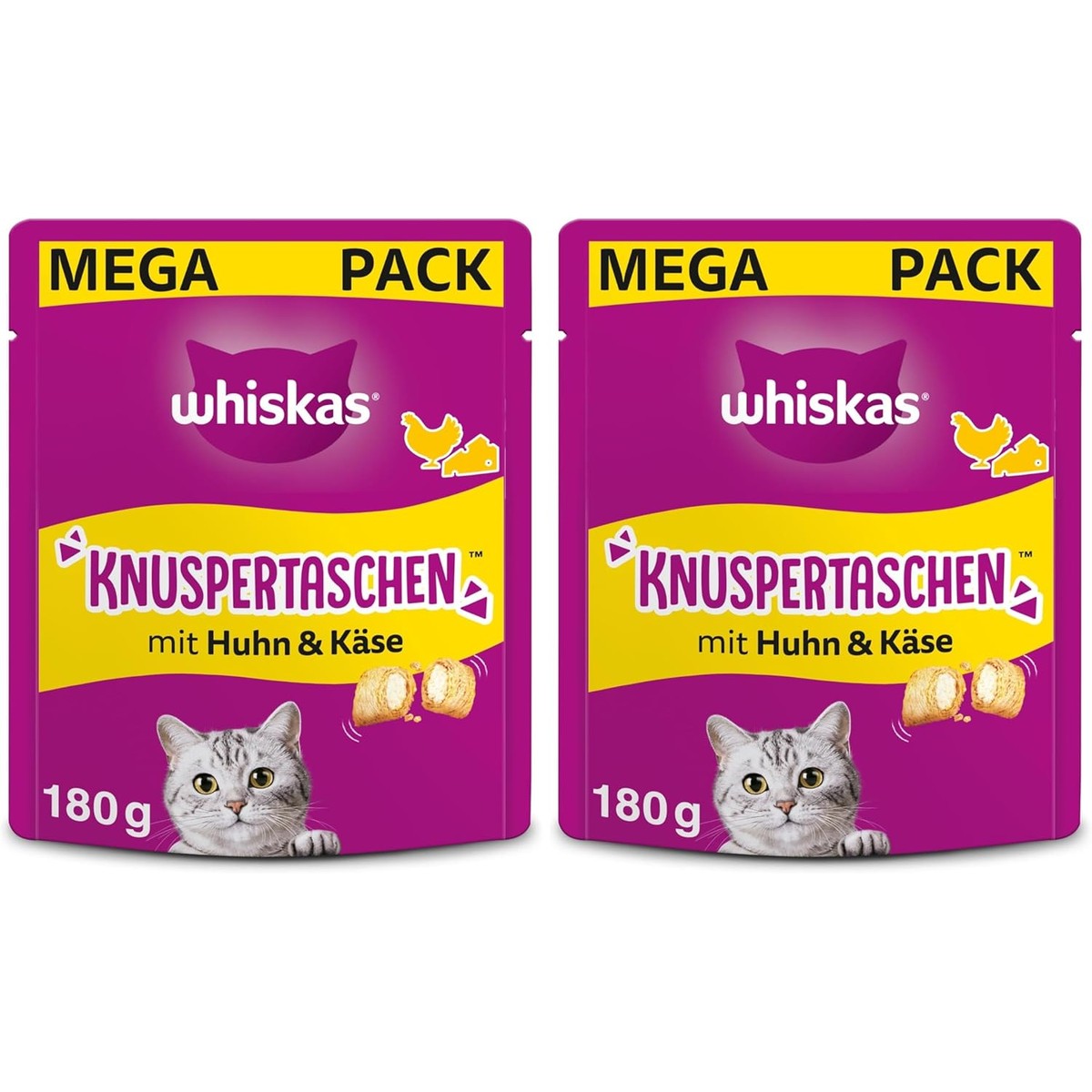 Whiskas Knusperbags Kattensnack met kip- en kaassmaak, 8 stuks, 4 x 180 g, kattensnacks voor volwassenen en katten – whiskas