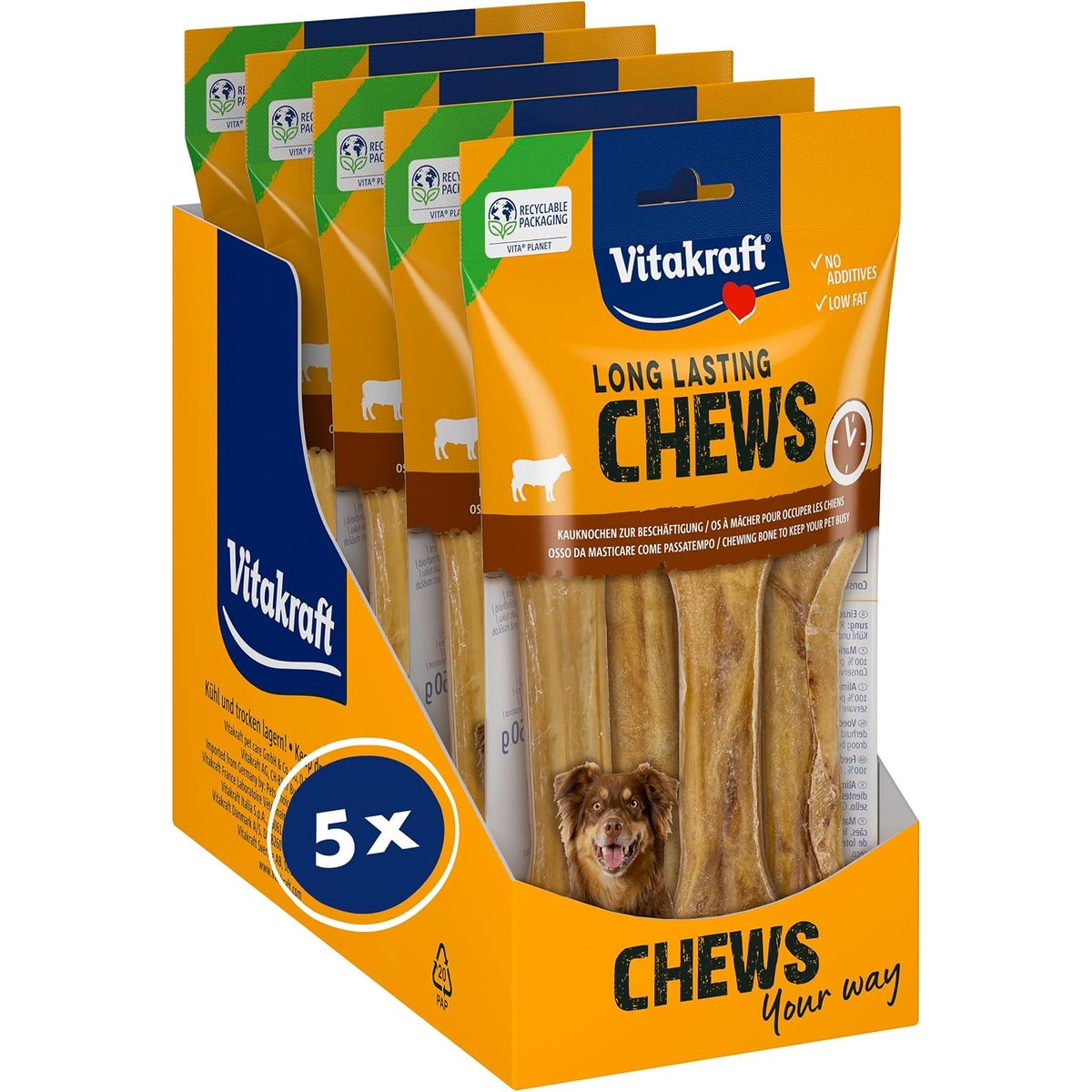 Vitakraft Long Lasting Chews, hondenkauwbotten, kauwknopen van runderhuid, voor intensieve bezigheid (5 x 360 g) – Vitakraft