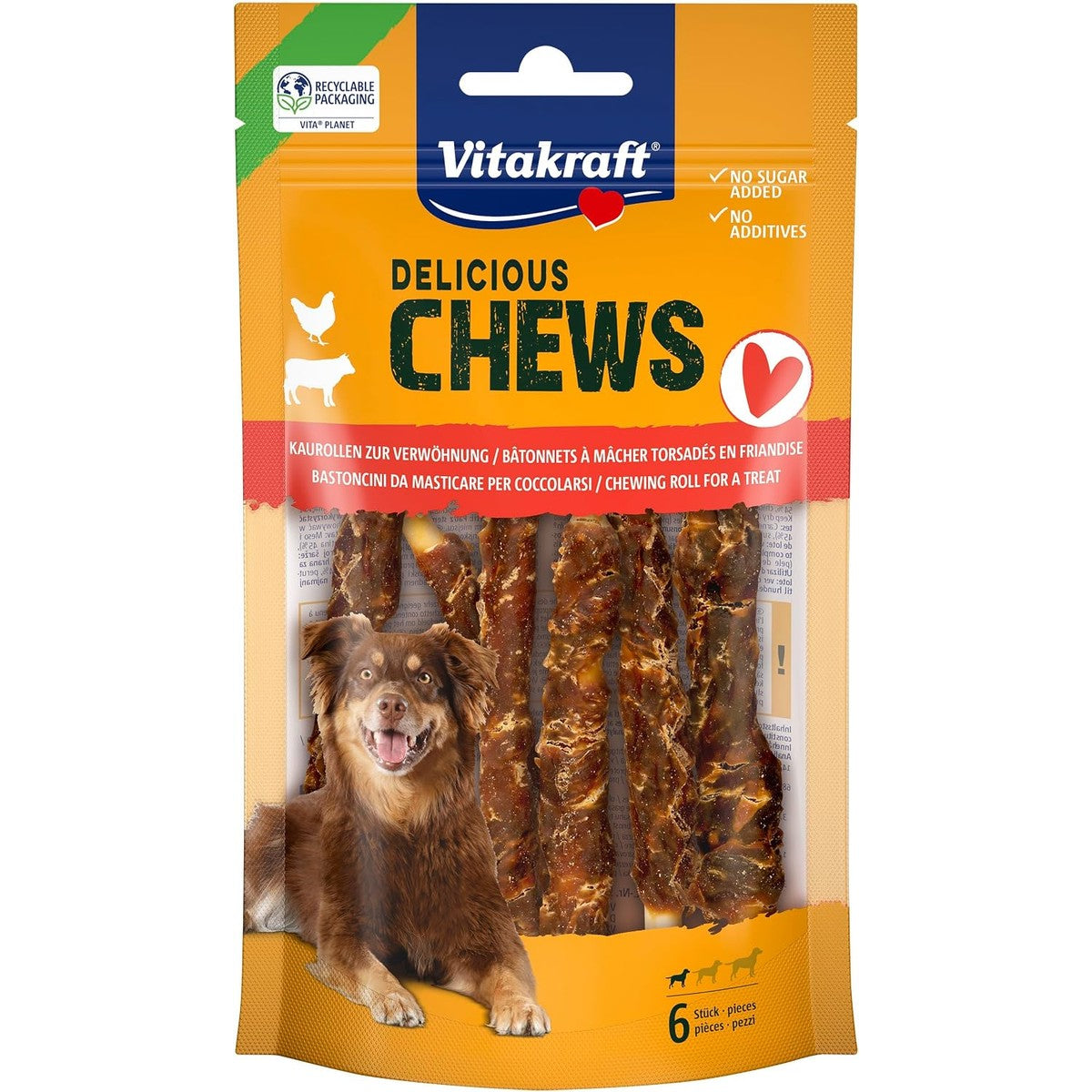 Vitakraft Chews, hondensnack, kauwrol voor beloning, van gedroogde runderhuid, omwikkeld met mager kippenvlees, vetarm, voor kleine honden (1 x 6 stuks) – Vitakraft