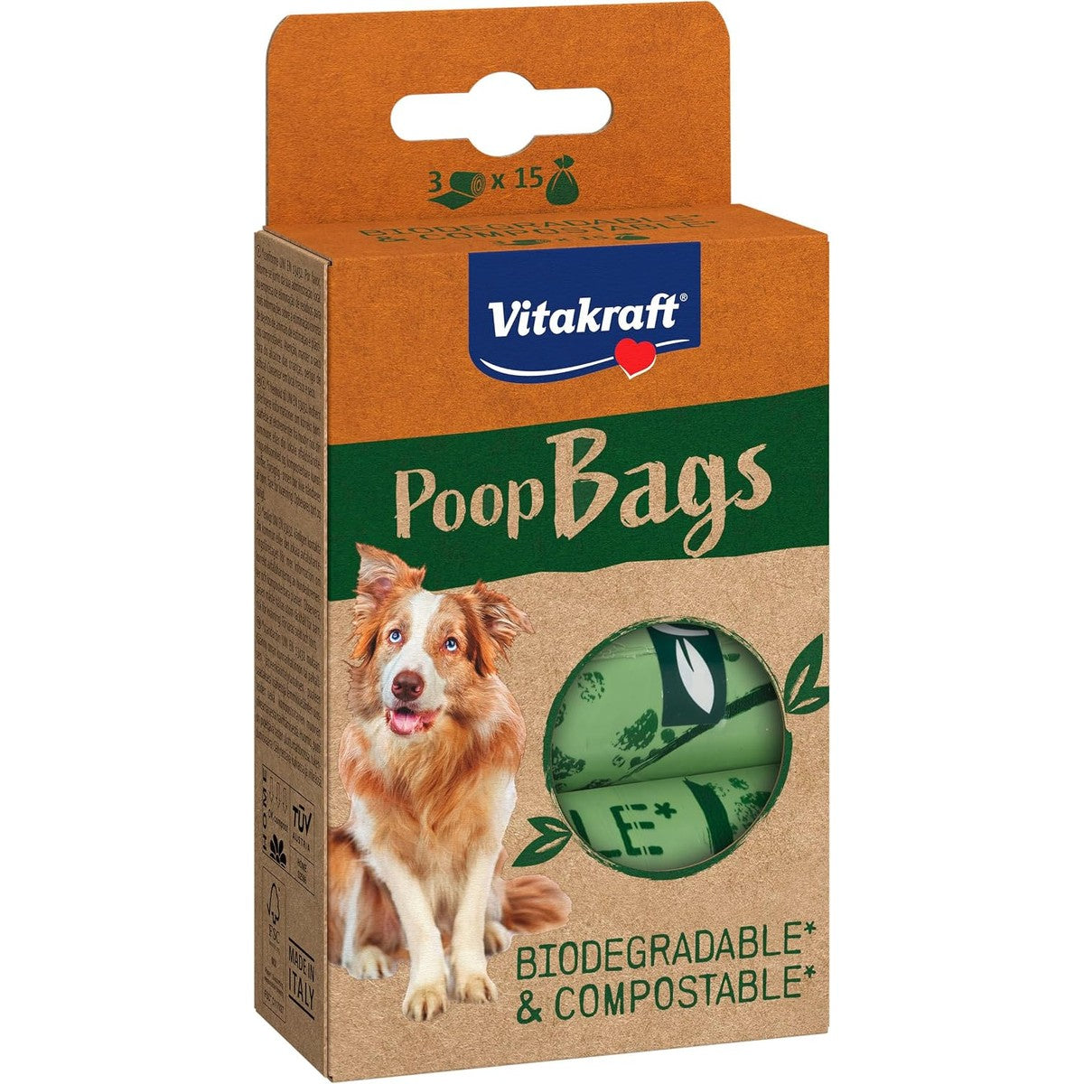 Vitakraft Poop Bags, hondenpoepzakken, biologisch afbreekbaar, scheurvast, 1 verpakking (3 x 15 zakken) – Vitakraft