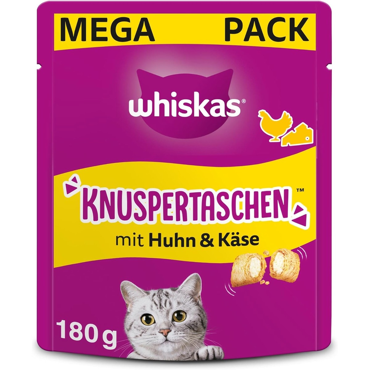 Whiskas Knusperbags Kattensnack met kip- en kaassmaak, 4 stuks, 4 x 180 g, kattensnacks voor volwassen katten – whiskas
