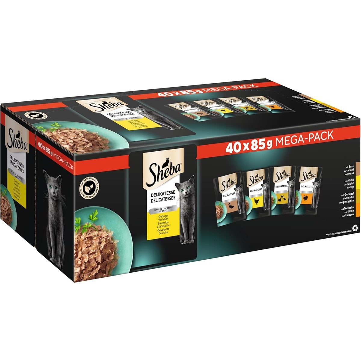 Sheba Delikatesse in Gelee, Katzen Nassfutter mit feiner Geflügelauswahl, 40 x 85g – Sheba