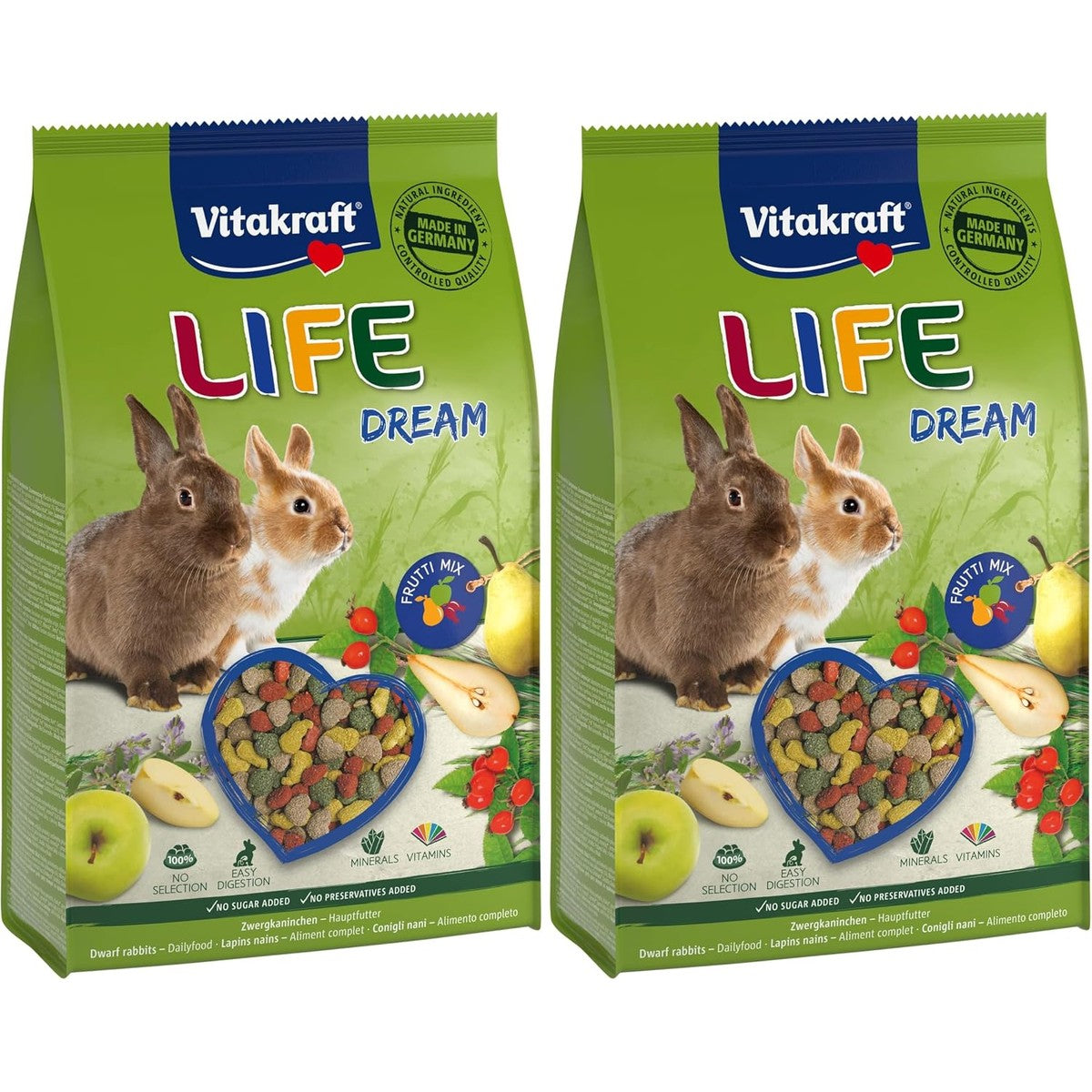 Vitakraft Life Dream voer voor dwergkonijnen, met peer, met appel, met rozenbottel, ondersteunt de spijsvertering en tandslijtage, zonder toevoeging van suiker (1 x 1,8 kg) (verpakking van 2) – Vitakraft