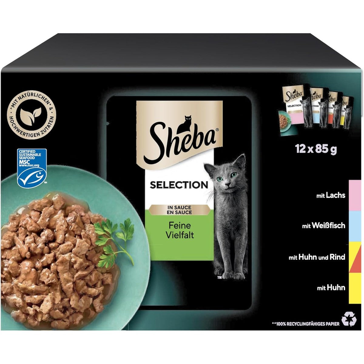 Sheba Selection in Sauce natvoer kattenvoer zalm, witvis, kip & rund 48 x 85 g