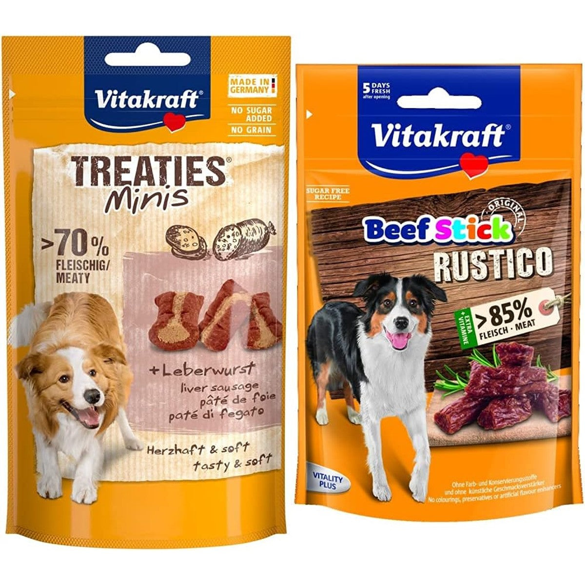 Vitakraft Hondensnack Treaties Minis leverworst, 8 x 48 g & hondensnack Beef Stick Rustico, 7 x 55 g – Vitakraft
