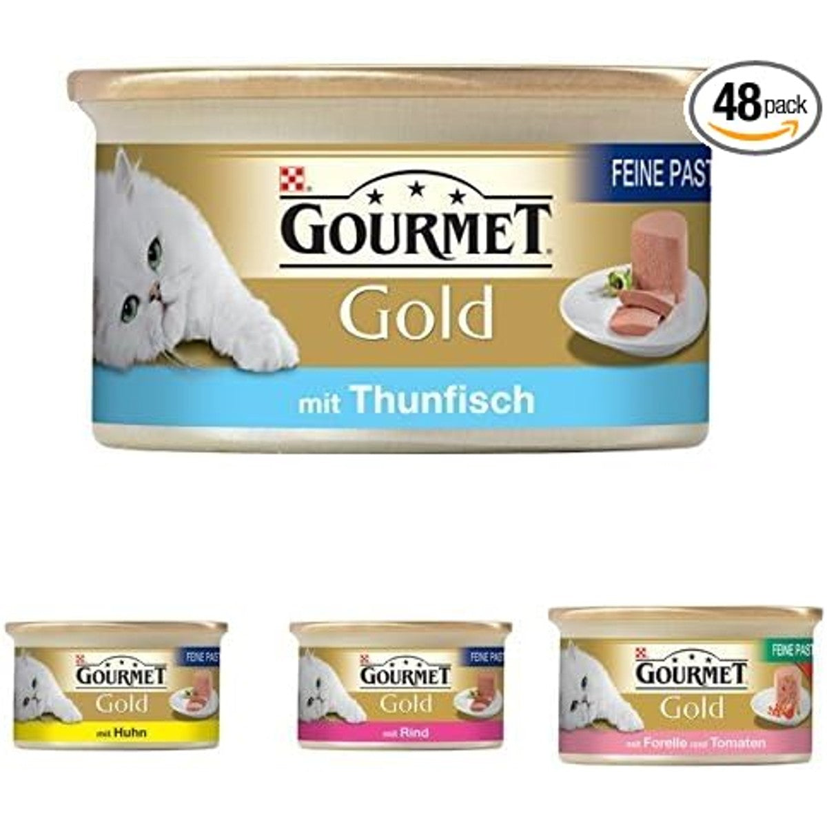 Purina Gourmet Gold Feine Pastete Mixpaket (Thunfisch, Huhn, Rind, Forelle mit Tomaten) Katzennassfutter, 48er Pack (4 x 12 x 85g Dose) – Gourmet