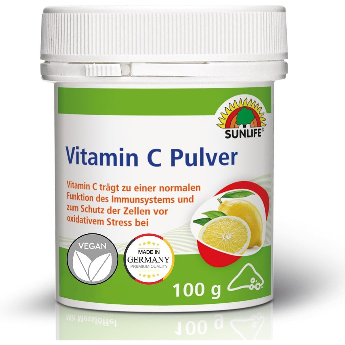 SUNLIFE Vitamine C-poeder, hooggedoseerd, 1 x 100 g, met citroensmaak, ascorbinezuur voor immuunsysteem en celbescherming, goed oplosbaar vitamine poeder, veganistisch en lactosevrij – Sunlife