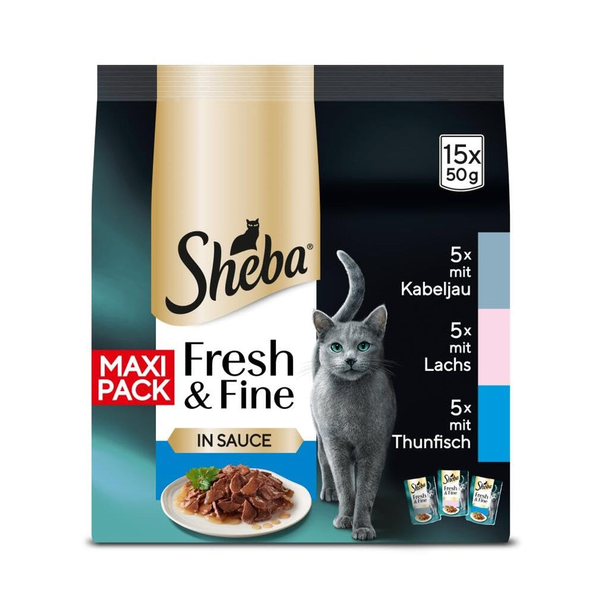SHEBA Fresh & Fine Multipack portiezakjes 3 soorten kabeljauw, zalm, tonijn in saus MSC 5 x 15 x 50 g – Sheba
