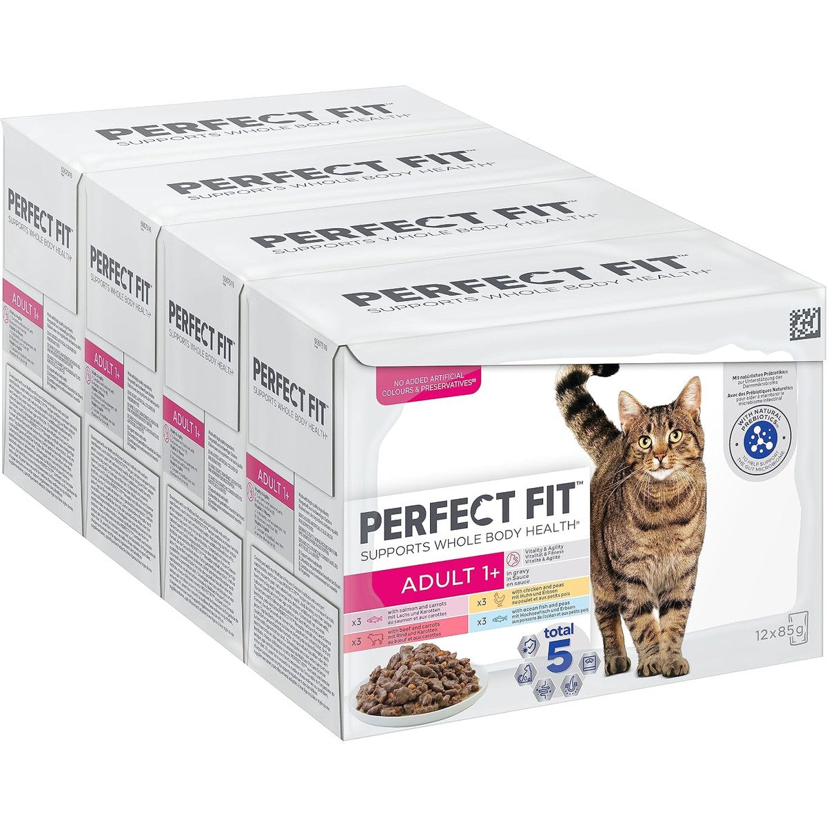 Perfect Fit Adult 1+ Katzennassfutter Auswahl mit Lachs, Hochseefisch, Rind und Huhn, 48 Portionsbeutel, 12x85g (4er Pack) – Premium Katzenfutter nass, für erwachsene Katzen ab 1 Jahr – Perfect Fit