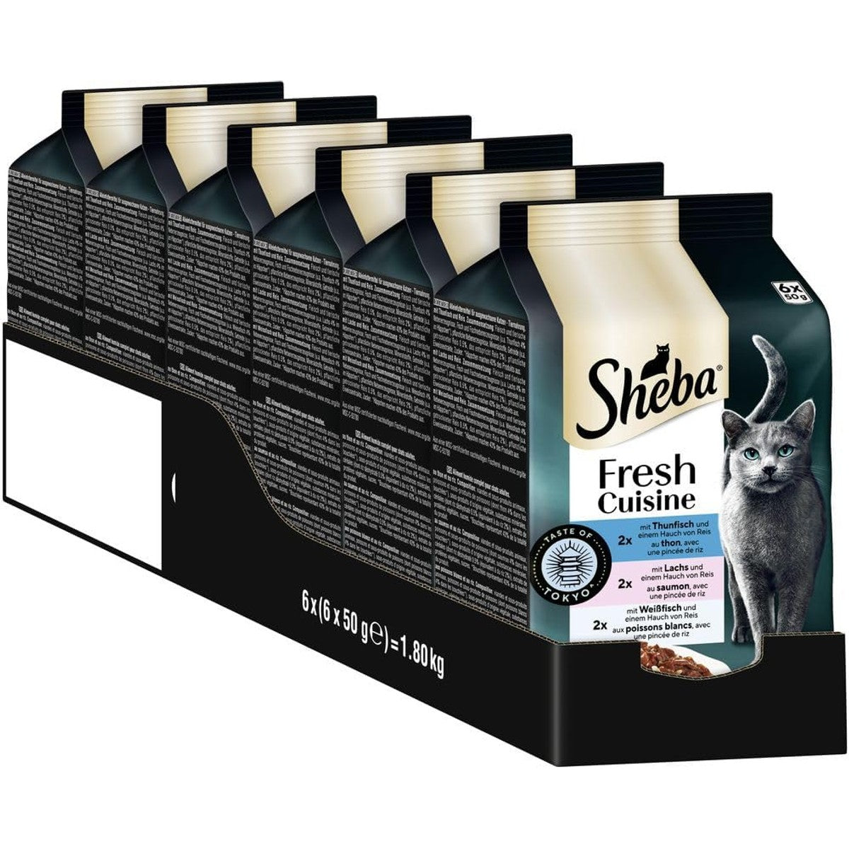 Sheba Portiezakken nat kattenvoer multipack Fresh Cuisine Taste of Tokyo met tonijn en zalm MSC, 6x6x50g - prachtig kattenvoer met tonijn en zalm – Sheba