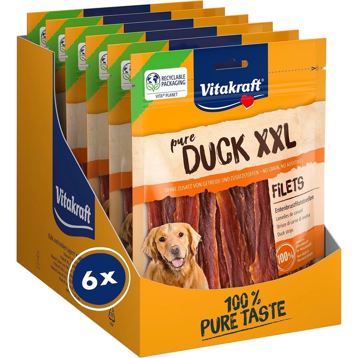 Vitakraft Pure Duck XXL Filet, hondenlekkernijen, eendenborstfiletstrips, hondentrainingstraktaties, zonder toevoeging van suiker (6 x 250 g) – Vitakraft