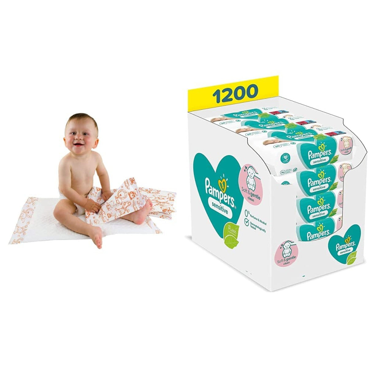 Teqler Babyaankleedonderlegger 40 x 60 cm 50 stuks & Pampers Sensitive 1200 doekjes – Pampers
