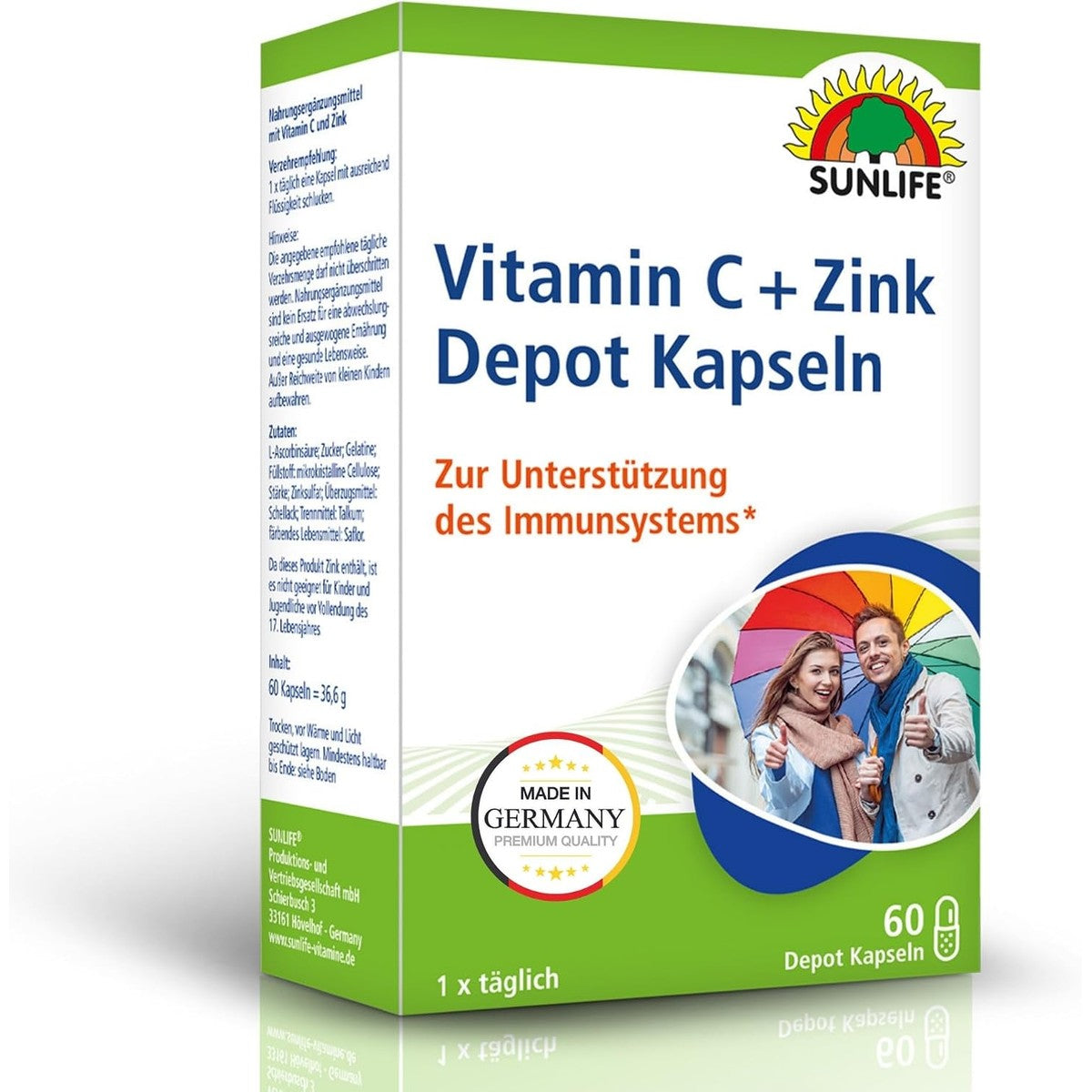 SUNLIFE Vitamine C + zink depot capsules hoog gedoseerd - 1 x 60 stuks - voedingssupplement voor het immuunsysteem - capsules met depottechnologie - per dagelijkse dosis 225 mg vitamine C & 2,25 mg – Sunlife
