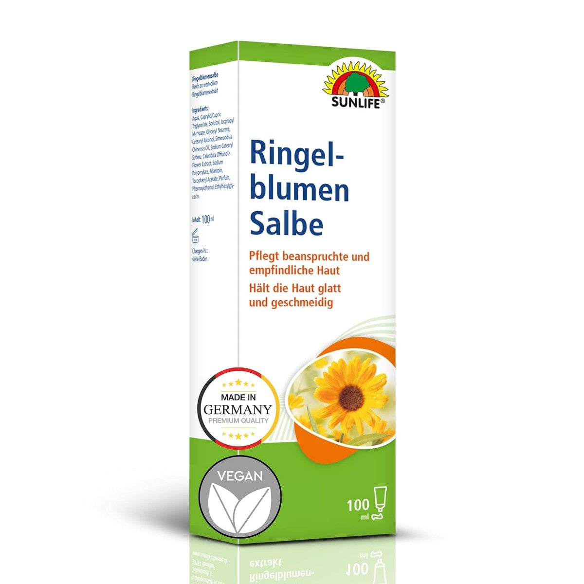 SUNLIFE Calendula-zalf, 100 ml, plantaardige calendula-crème voor ruwe huid, intensieve verzorging met jojoba-olie en allantoïne, huidbescherming tegen gebarsten plekken, kalmerende kruidenzalf, vocht – Sunlife