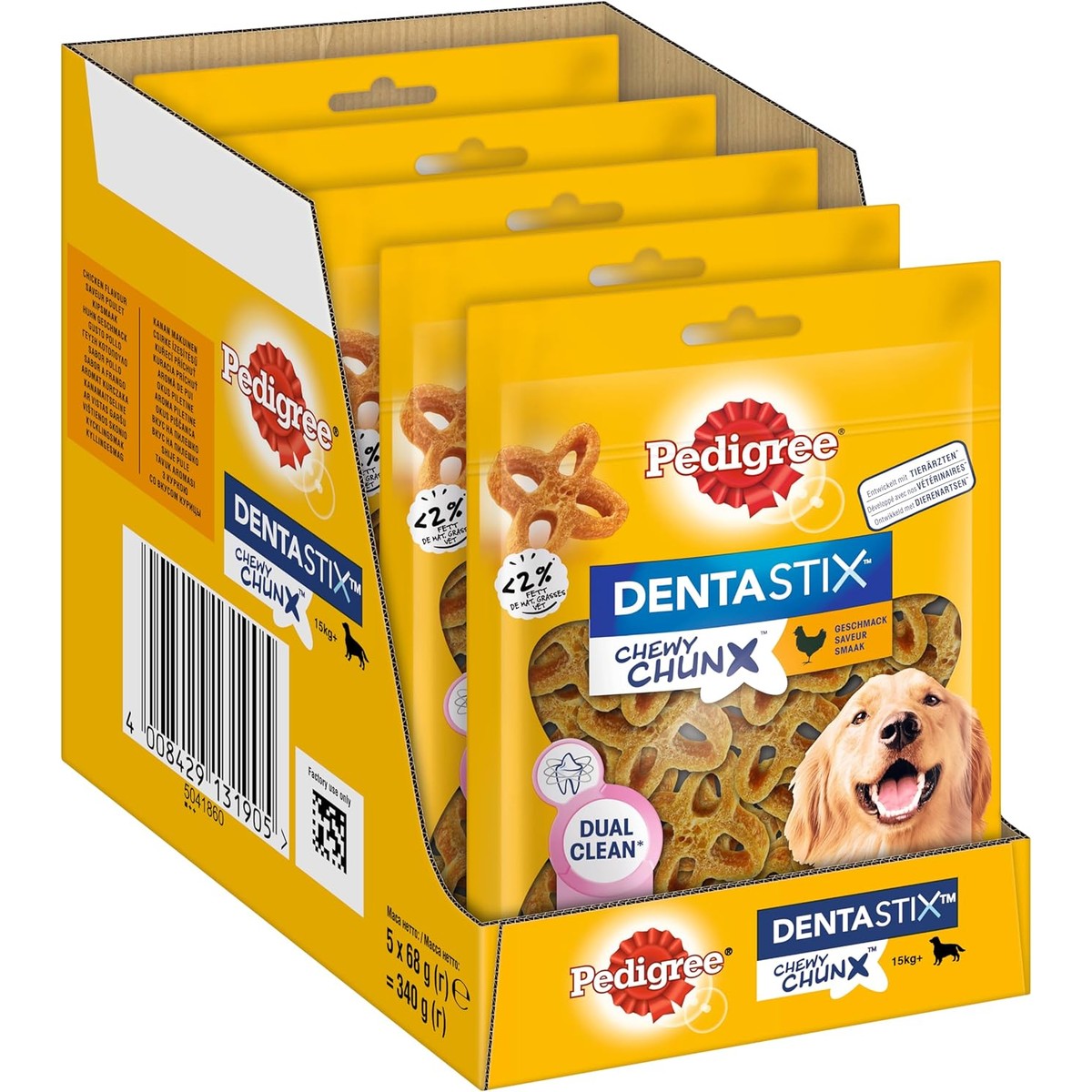 Pedigree® Dentastix Chewy Chunx tandverzorgingssnacks voor grote honden van meer dan 15 kg, met kip, 5 x 68 g – Pedigree