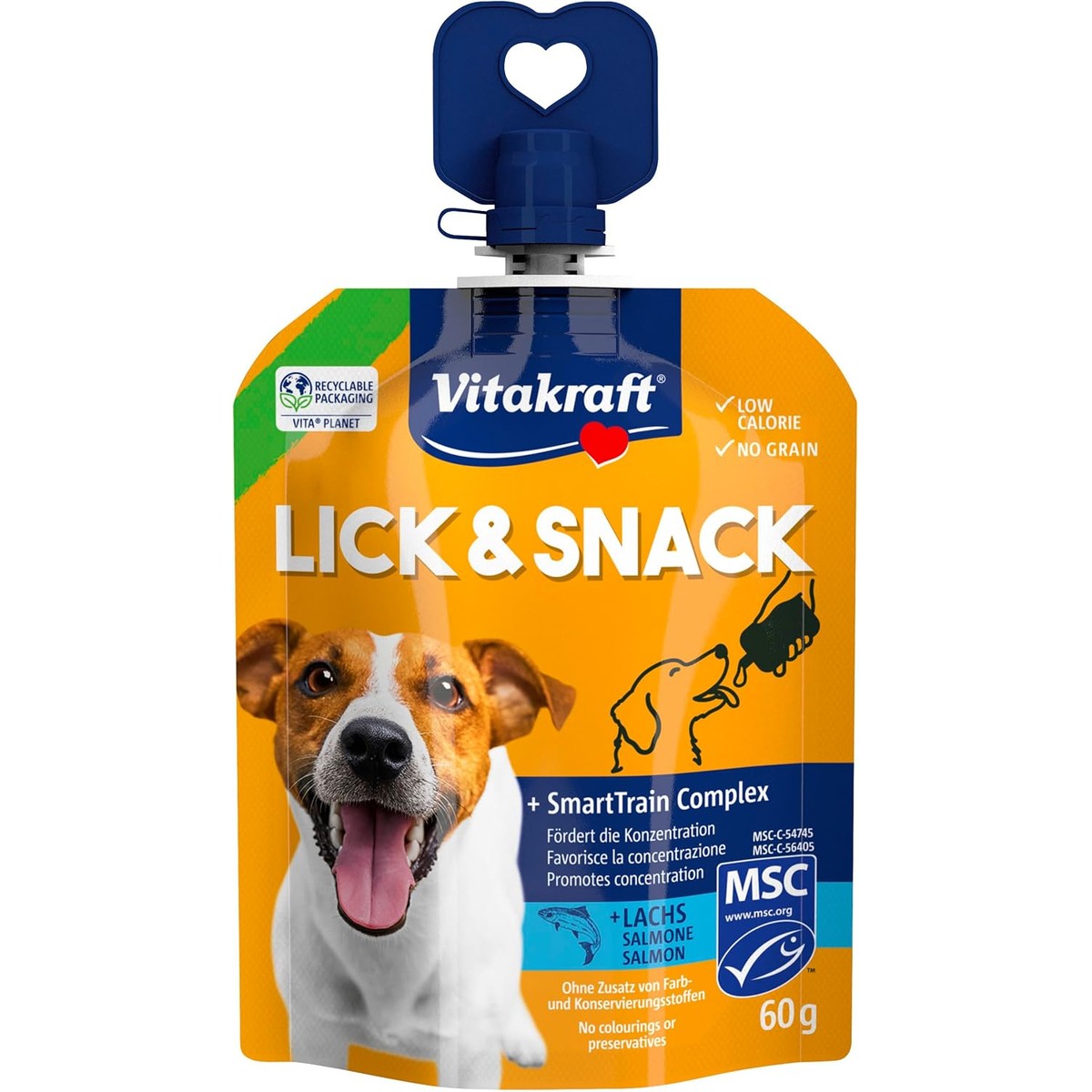 Vitakraft Lick & Snack, zachte trainingscrème in knijpvorm, met zalm, hersluitbaar, zonder toegevoegde suiker (1 x 60 g) – Vitakraft