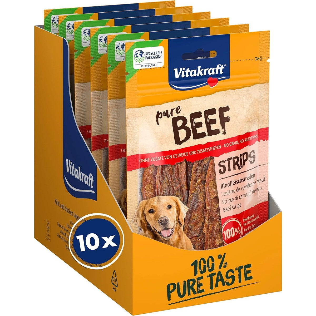 Vitakraft Pure Beef Strips, hondenlekkernijen, rundvleesstrips, hondentrainingslekkernijen, zonder toegevoegde suiker (10 x 80 g) – Vitakraft