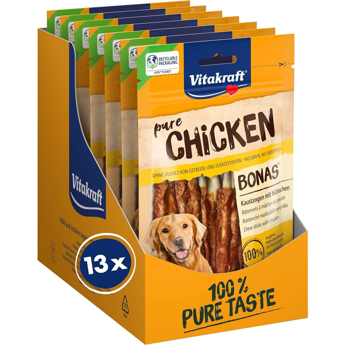 Vitakraft Pure Chicken Bonas, hondenlekkernijen, kauwstaafjes met kip, hondentrainingslekkernijen, zonder toevoeging van suiker (13 x 80 g) – Vitakraft
