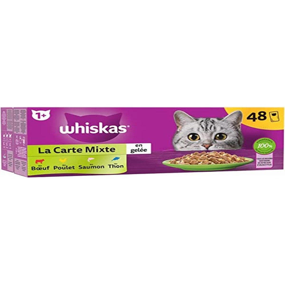 WHISKAS Maaltijd – 48 vershoudzakken – gemengde kaart (4 soorten) – natvoer voor volwassen katten in gelei – compleet en uitgebalanceerd natvoer, geschikt voor gesteriliseerde katten – whiskas