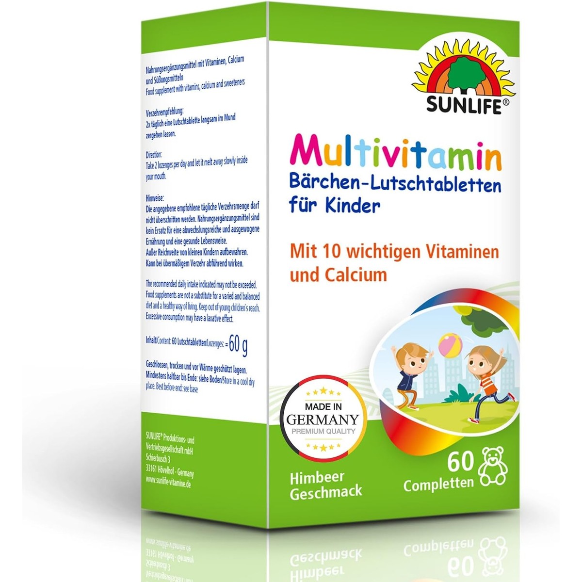 SUNLIFE Multivitamine Kinderbeertjes, zuigtabletten, 1 x 60 stuks, multivitamine met 10 vitaminen en calcium voor botten en tanden, framboossmaak, suikervrij en glutenvrij, voor immuunsysteem en – Sunlife