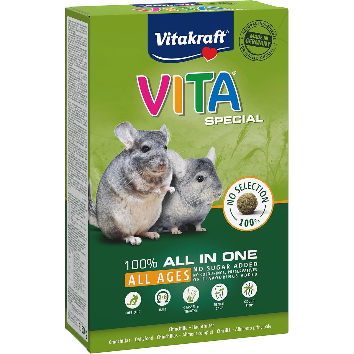 Vitakraft Vita Special All Ages, chinchilla voer, met grassen en kruiden, voor een optimale spijsvertering, zonder toevoeging van suiker en granen, 1 x 600 g – Vitakraft