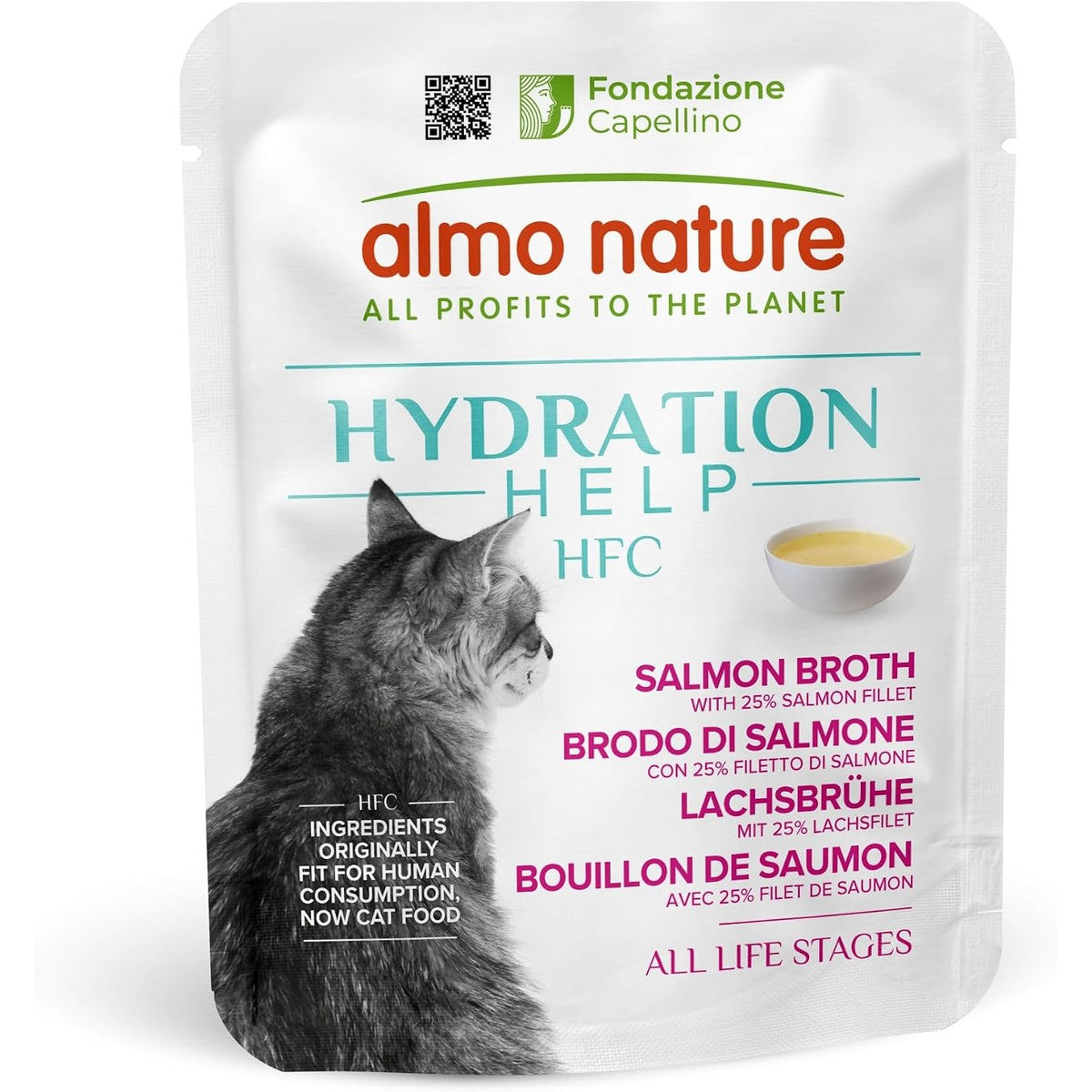 almo nature HFC Hydration Help, natvoer voor katten, zalmbouillon en zalmfilet, humaan kwaliteit, glutenvrij, monoproteïne, 50 g, 24 stuks, 1,2 kg – almo nature