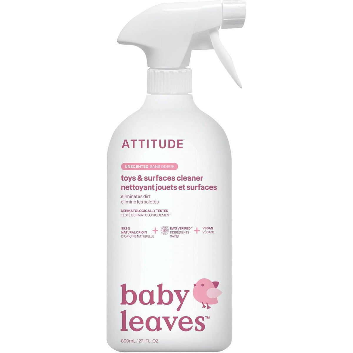 ATTITUDE EWG Verified Multi-Surface Products Toy and Surface Cleaner, Veganistisch, Natuurlijk Afgeleid Multifunctionele Reinigingsspray, ongeparfumeerd, 800 ml – ATTITUDE