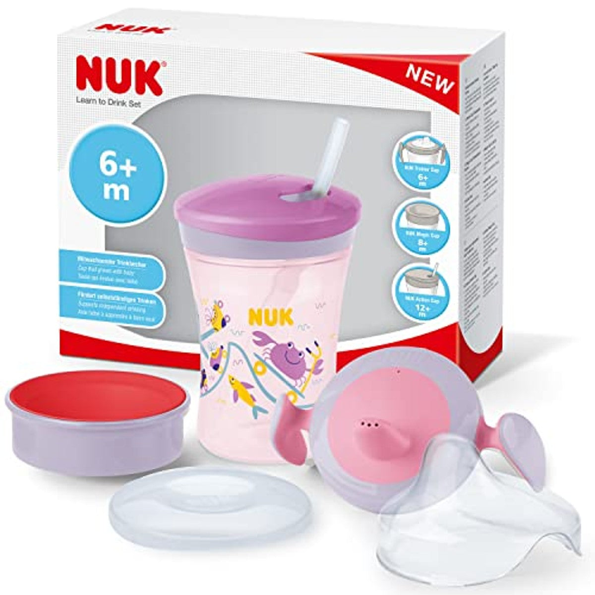 NUK 3-in-1 drinklernset paarse krab 3 x 230 ml - Voordeelverpakking