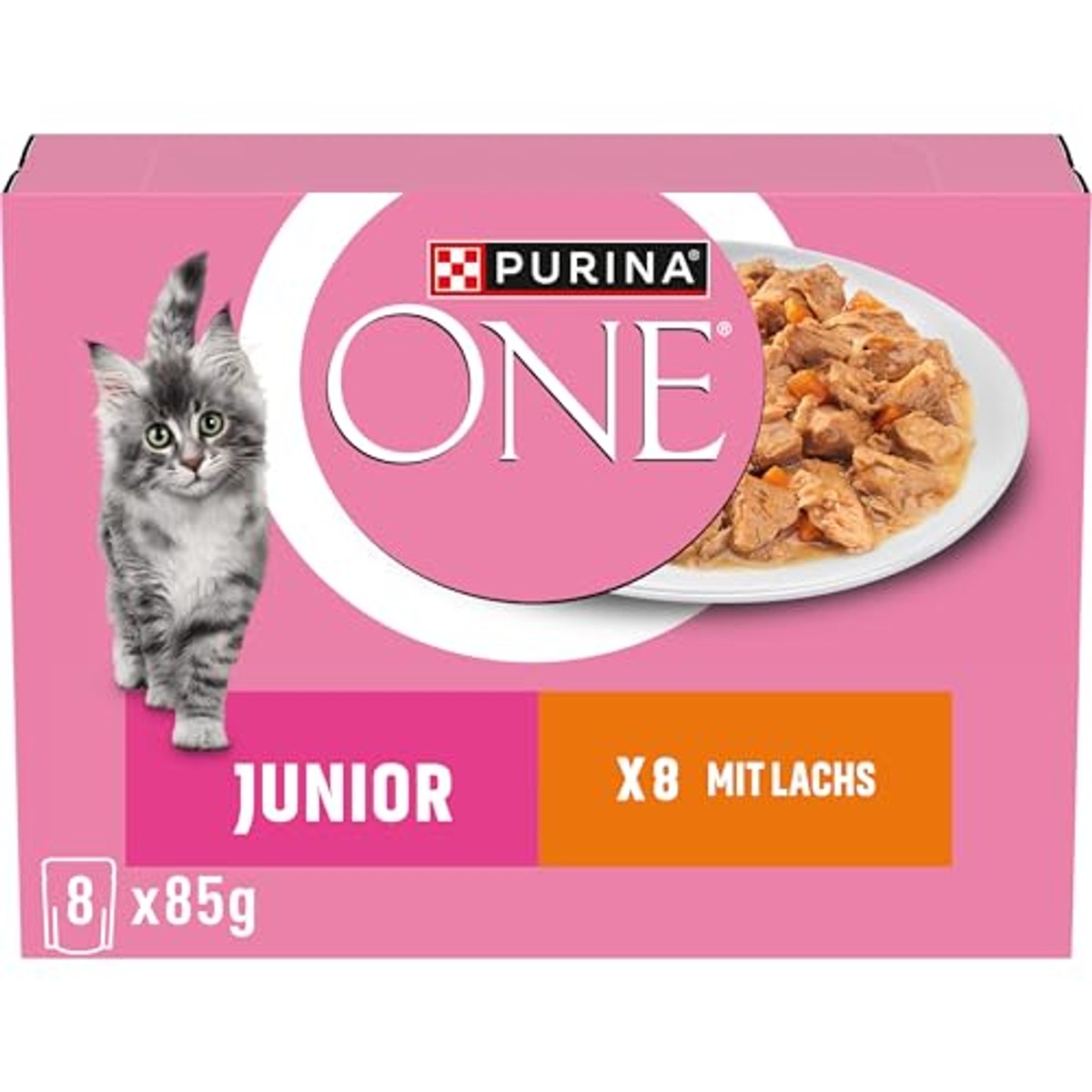 PURINA ONE Junior mit Lachs und Karotten, 80er Pack (10 x 8 x 85g) | Katzenfutter nass, mit DHA, Gehirn und Sehvermögen, für Kätzchen – PURINA ONE