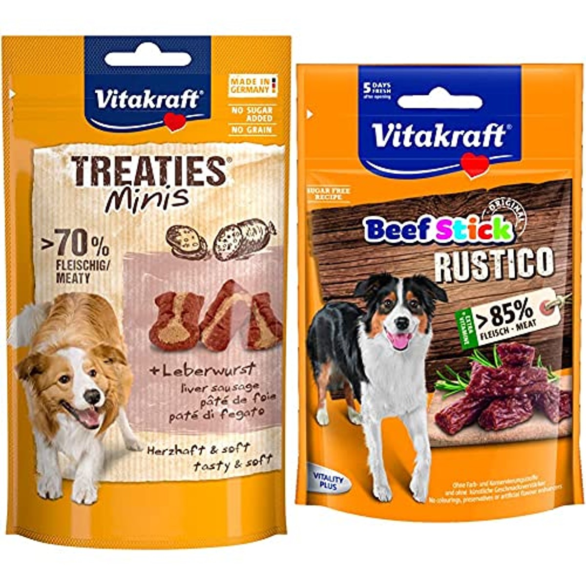 Vitakraft Hondensnack Treaties Minis leverworst, 8 x 48 g & hondensnack Beef Stick Rustico, 7 x 55 g – Vitakraft