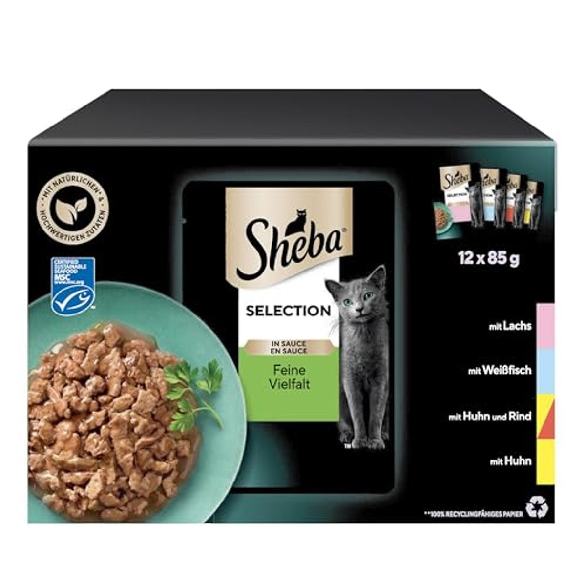 Sheba Selection in Sauce natvoer kattenvoer zalm, witvis, kip & rund 48 x 85 g – foto 2
