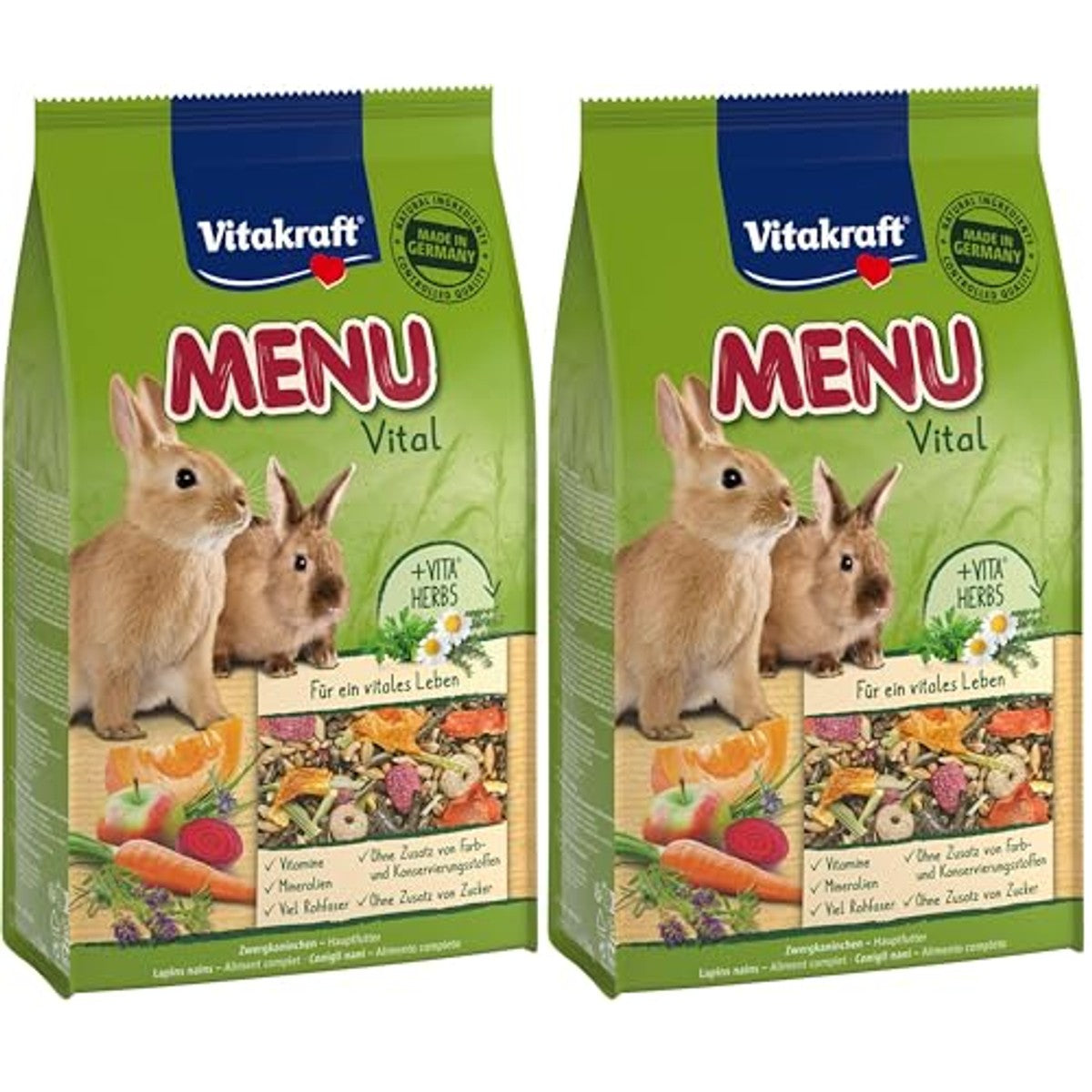Vitakraft Menu Vital Voeding voor Dwergkonijnen met Kruiden en Groenten, Zonder Toegevoegde Suiker 2 x 1 kg - 6-pack