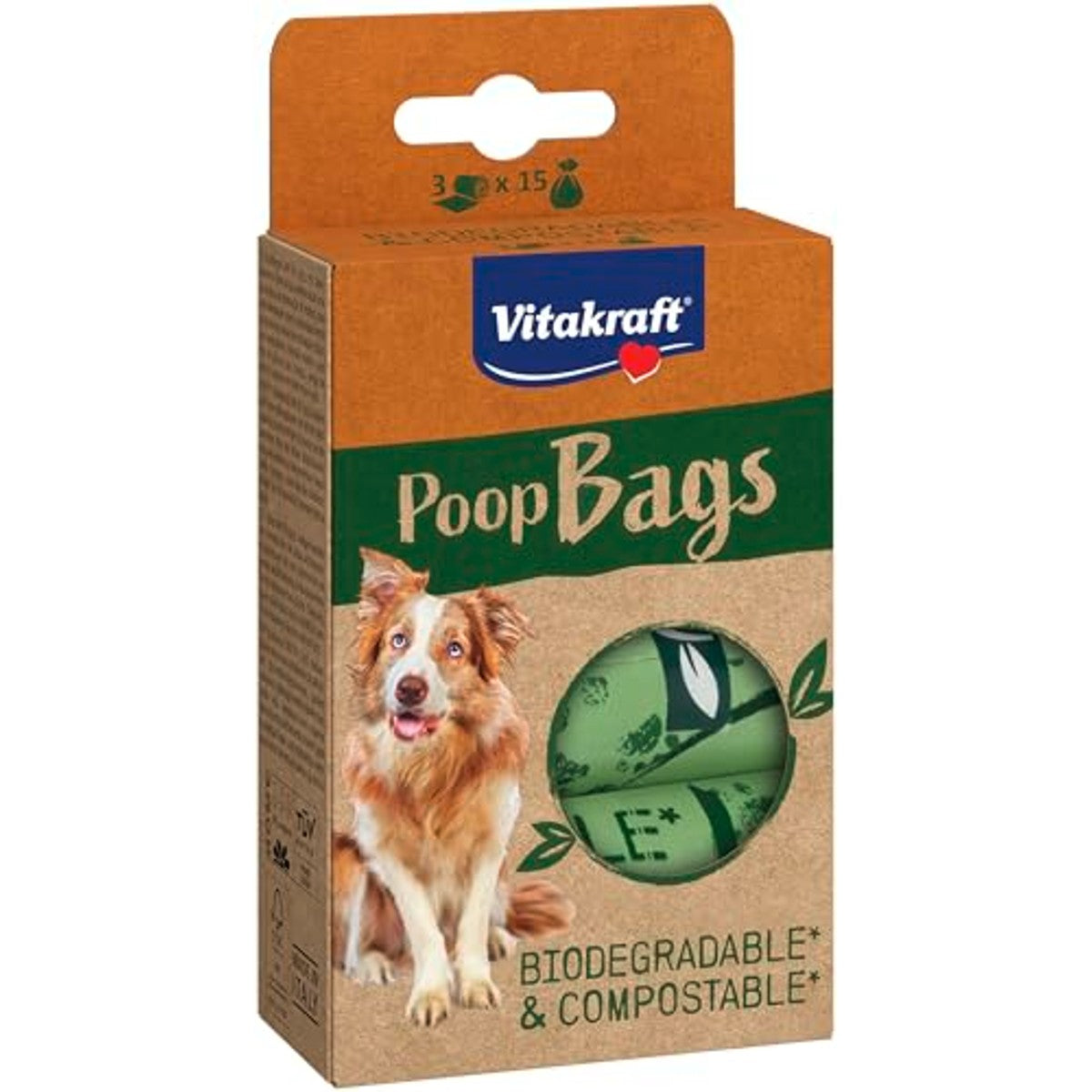 Vitakraft Poop Bags Hondenpoepzakken, Biologisch Afbreekbaar (1 verpakking, 3 x 15 zakken) - 3-pack