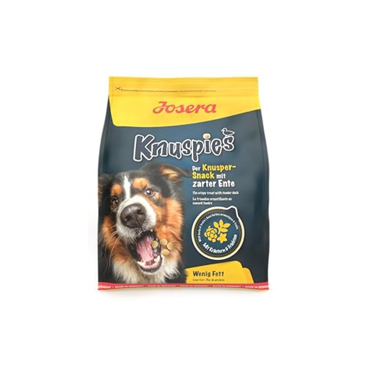 JOSERA Knuspies met eend smakelijke hondenlekkernijen met laag vetgehalte, per stuk verpakt (1 x 900 g) | Adult | Fijne hondenlekkernijen - ook als beloningssnack | gevogelte en eend | met kruiken en fruit | tarwevrij – Josera
