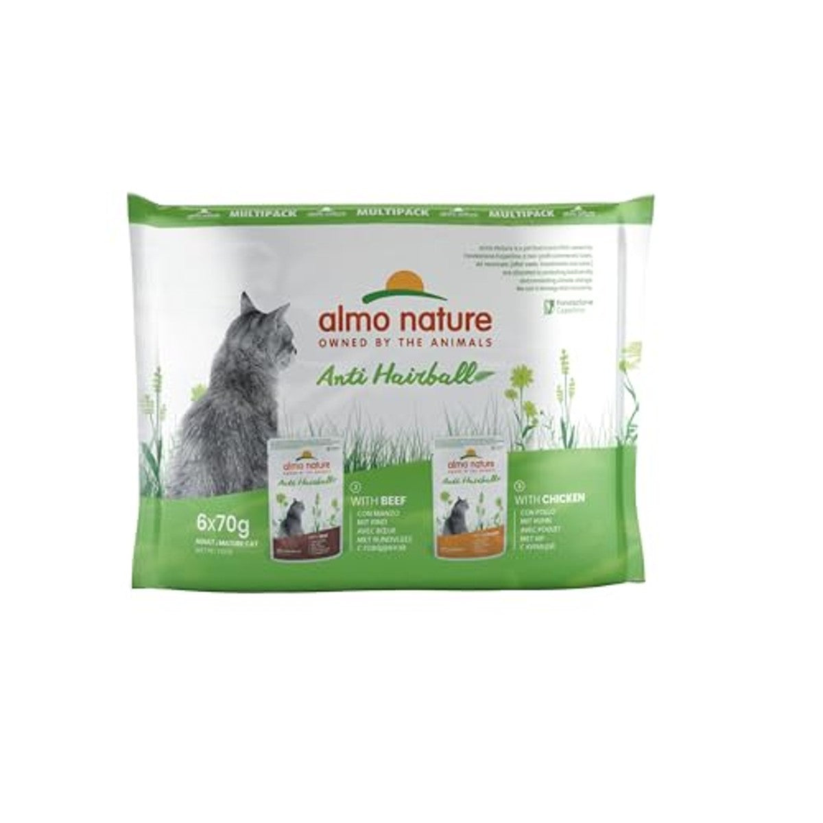 Almo Nature Functioneel Anti-haarbal Vochtvoeding Rundvlees en Kip 6 x 70 g - 3-pack