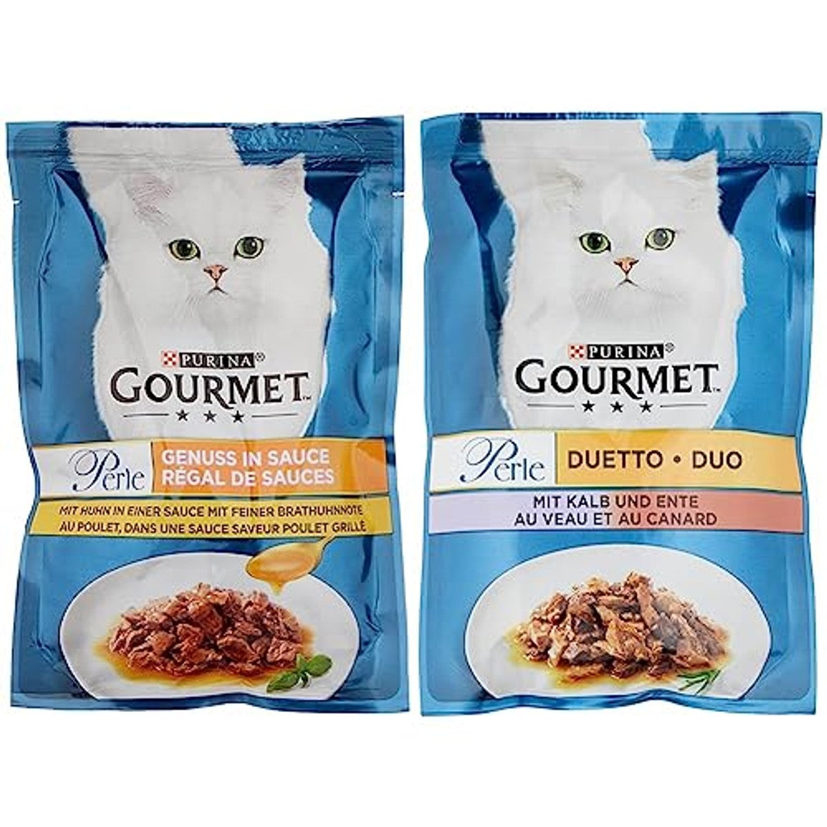 PURINA GOURMET Perle Genuss in Sauce kattenvoer, nat, met kip, 26 stuks (26 x 85 g) & parel Duetto kattenvoer nat, met kalf en eend, verpakking van 26 stuks (26 x 85 g) – PURINA GOURMET