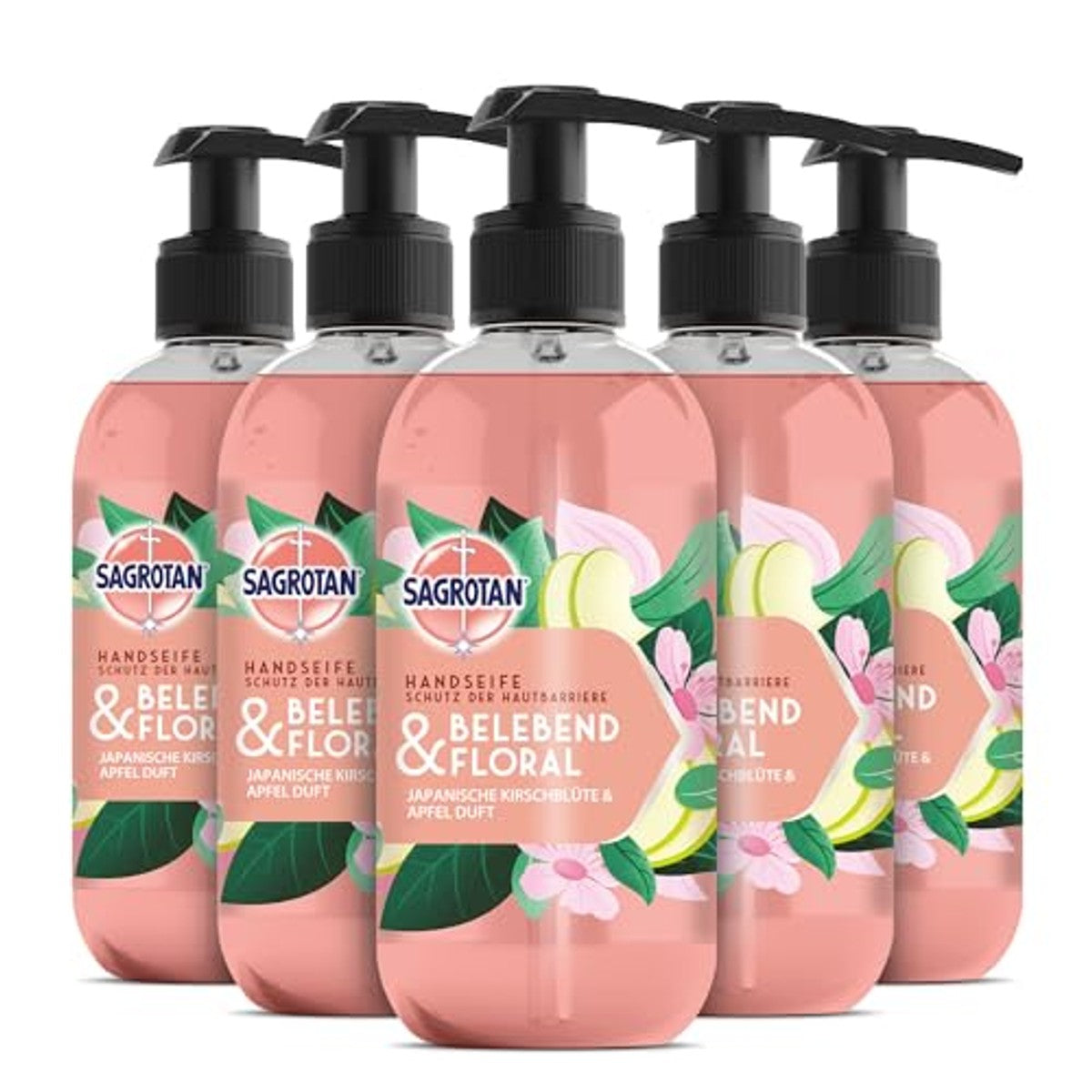 Sagrotan Hygiënische zeep, verkwikkend en gebloemd, vochtinbrengende vloeibare zeep met bloemengeur, 5 x 300 ml handzeep – Sagrotan
