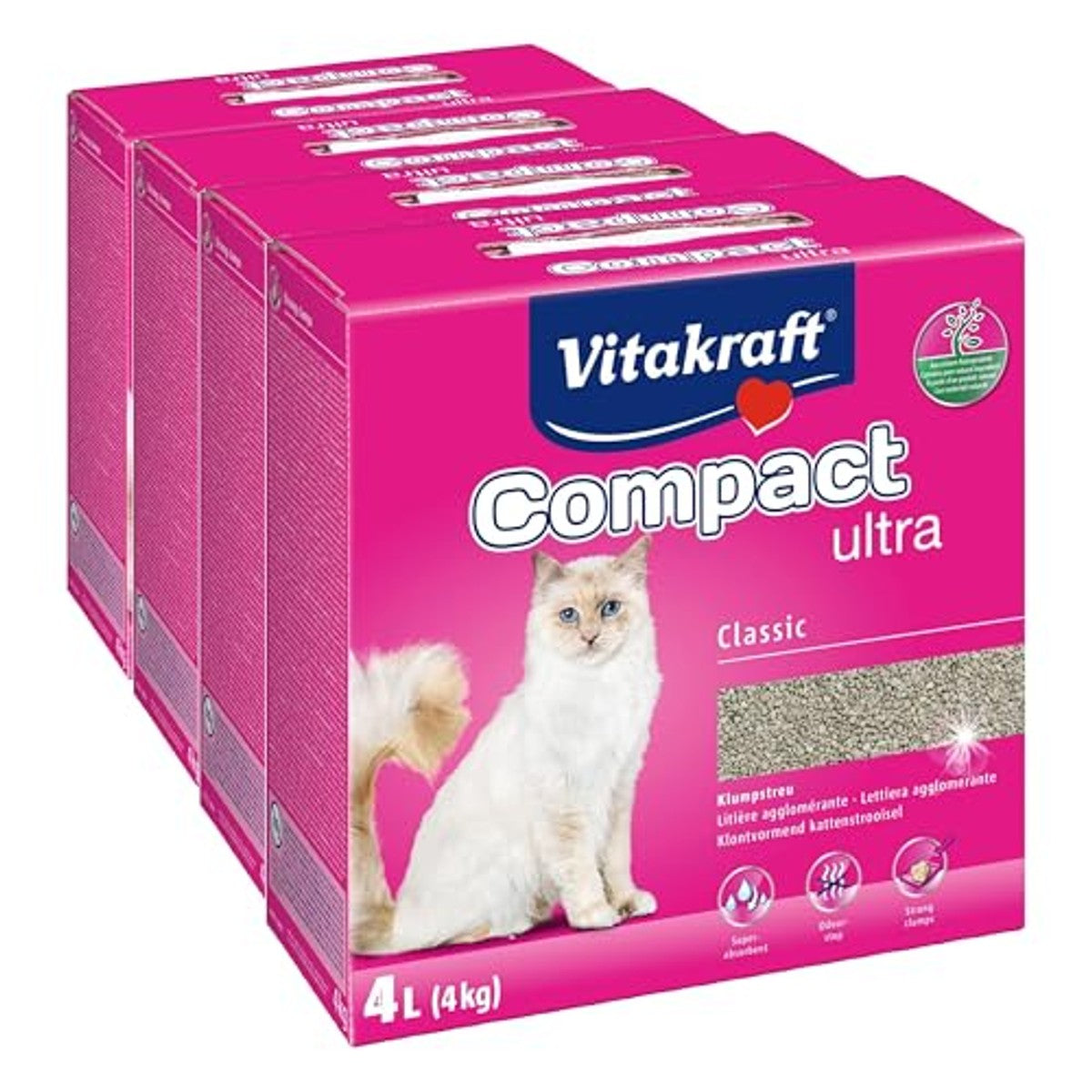Vitakraft Compact Ultra, kattenbakvulling, klonterend strooisel, schoon en eenvoudig te verwijderen (1 x 4 kg) (verpakking van 4) – Vitakraft