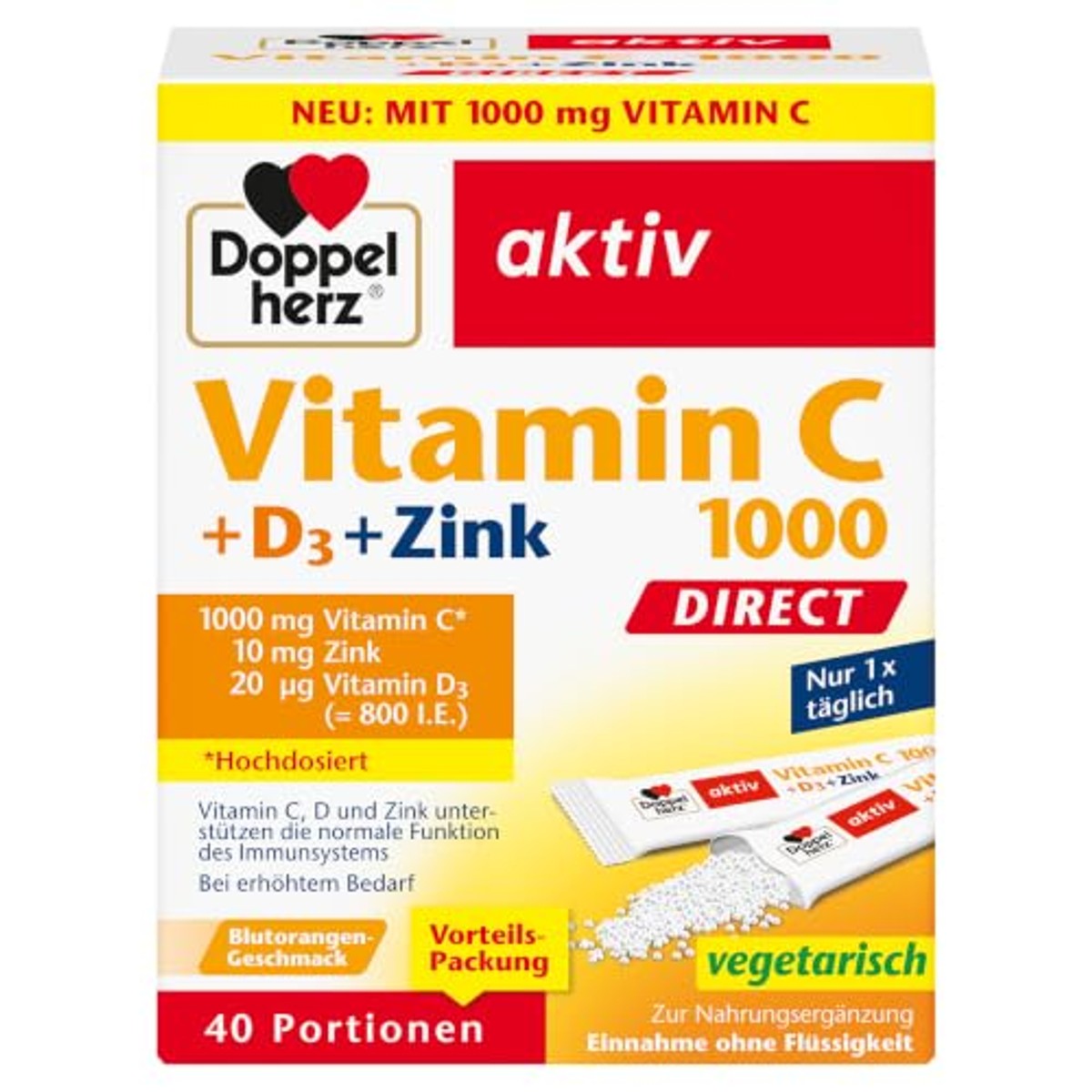 Doppelherz Vitamine C 1000 + D3 + zink Direct - bloedsinaasappelsmaak – Doppelherz