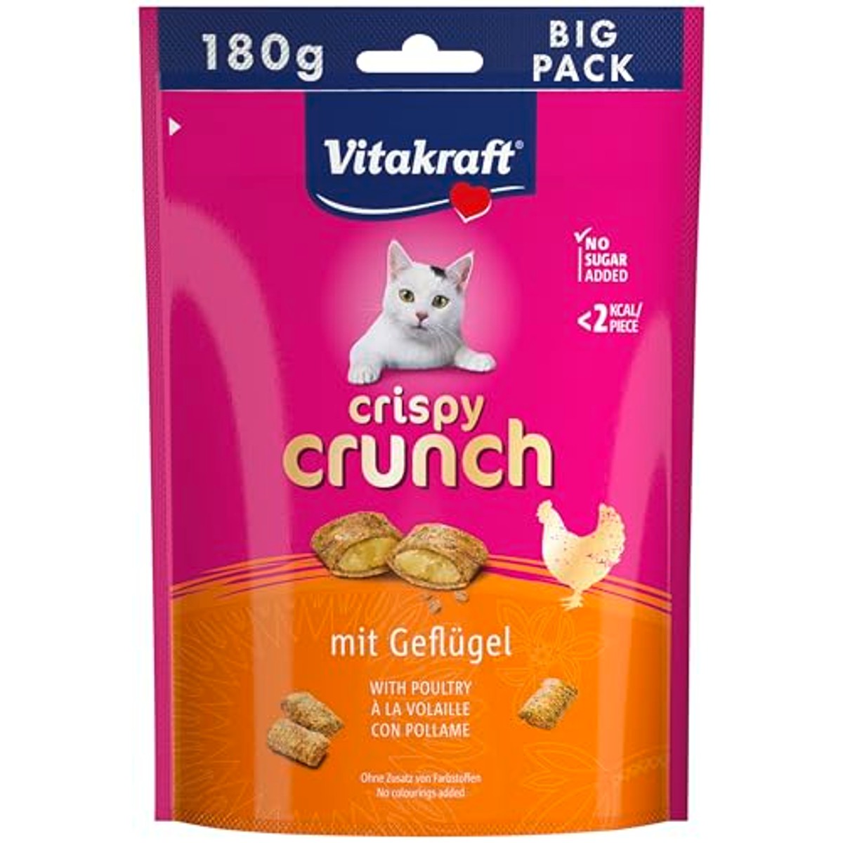 Vitakraft Crispy Crunch, kattenlekkernijen, knapperige kattensnack gevuld met gevogelte, in hersluitbare Big Pack, zonder toevoeging van suiker (1 x 180 g) – Vitakraft