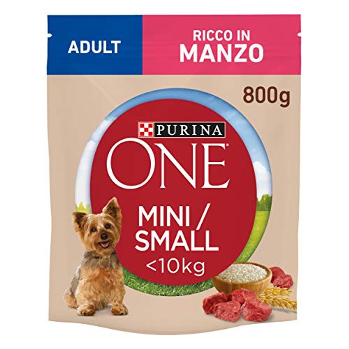 PURINA ONE Mini-hondenroketten voor volwassenen, rijk aan rundvlees, met rijst, voor honden tot 10 kg, 8 zakken van elk 800 g – PURINA ONE