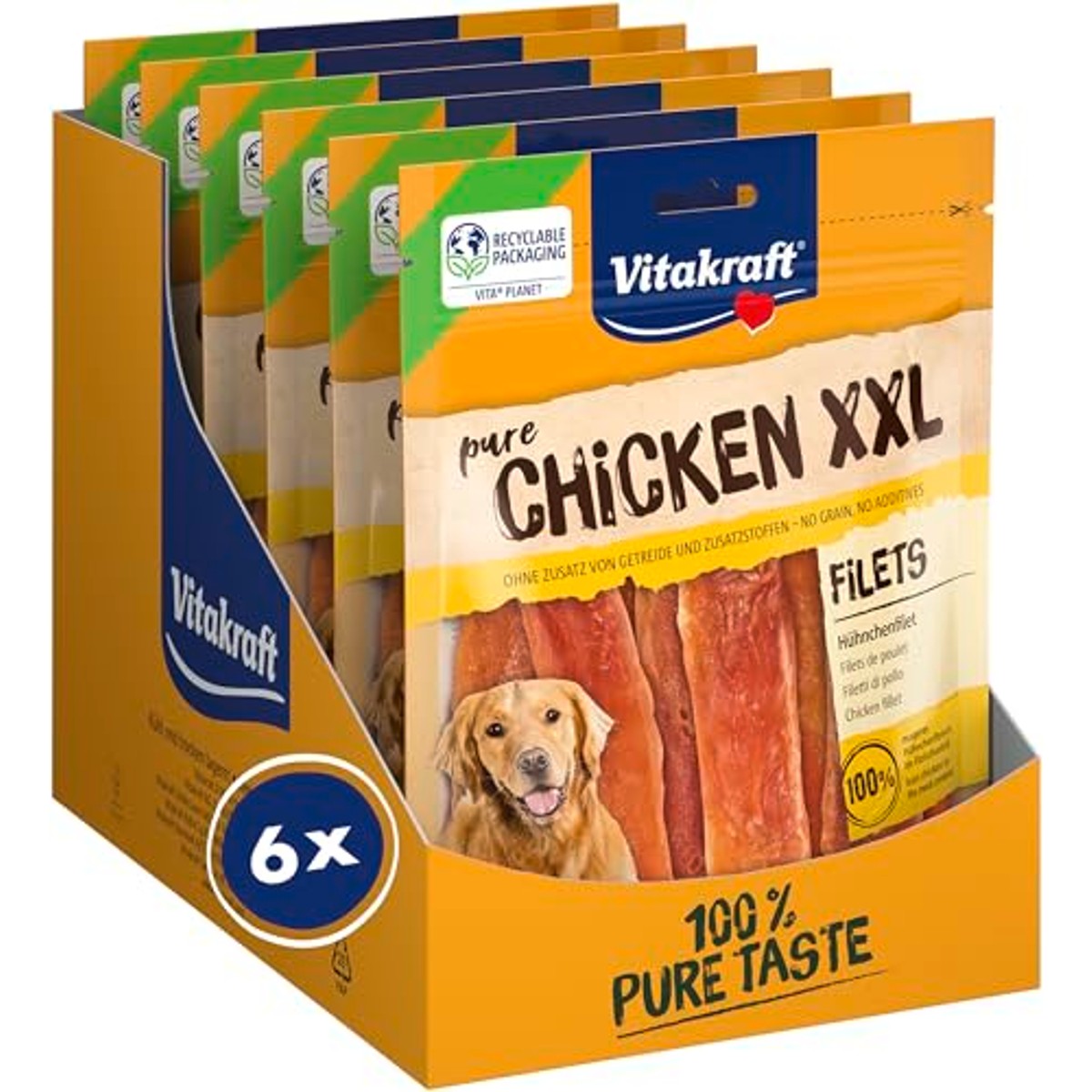 Vitakraft Pure Chicken XXL Filets, hondensnackers, kipfilet, hondentrainingslekkernijen, zonder toegevoegde suiker (6 x 250 g) – Vitakraft