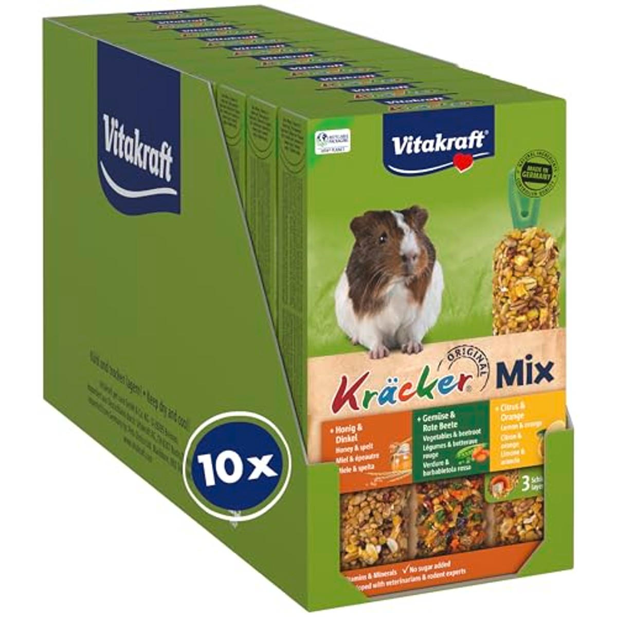 Vitakraft Cracker-mix, knabbelstokken voor cavia's, met citrus, met groenten, met honing, zonder toegevoegde suiker en granen (10 x 168 g) – Vitakraft