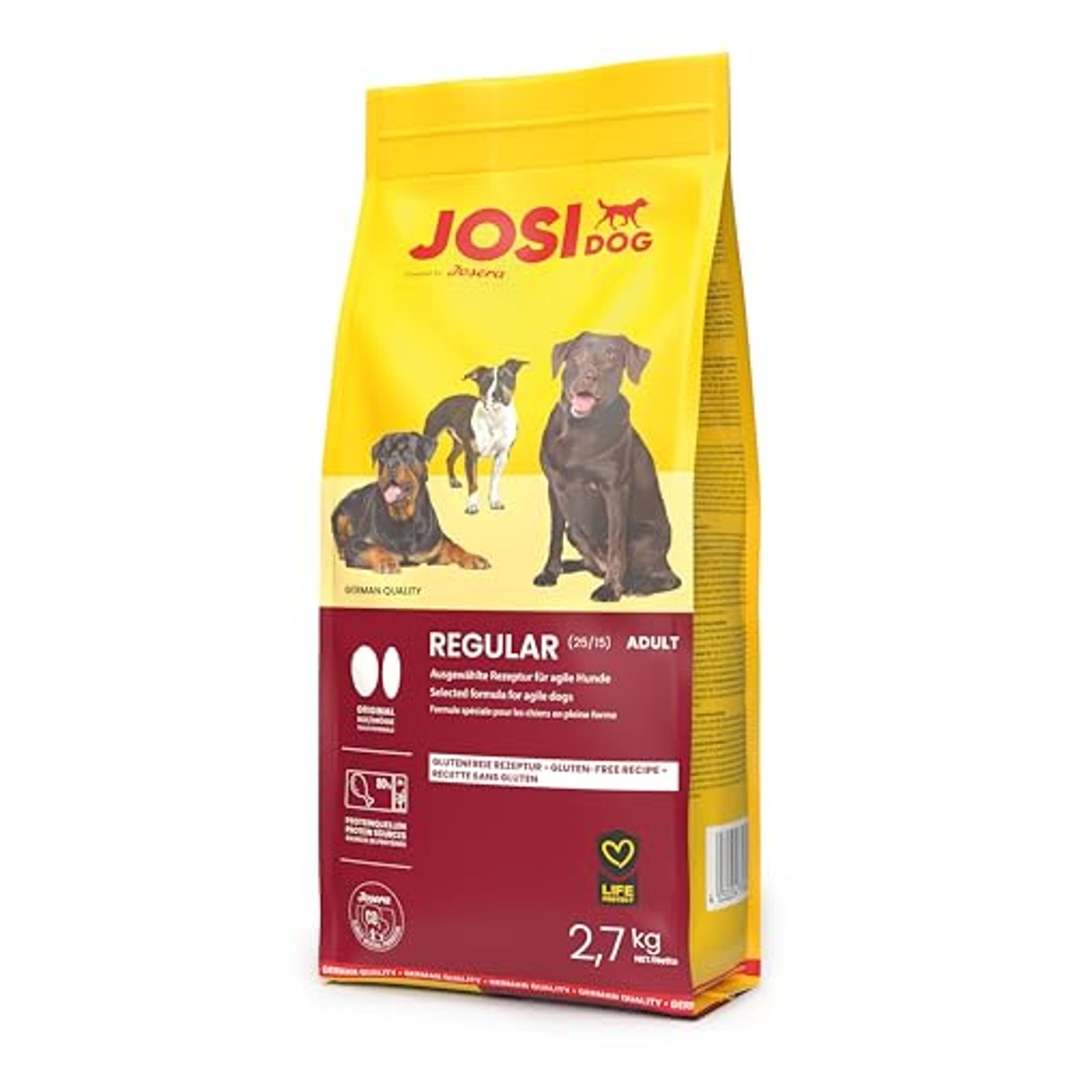JosiDog Regular | 3 x 2,7 kg | Adult | droog hondenvoer met veel bescherming | JOSERA Premium droogvoer voor volwassen en actieve honden, met veel dierlijke eiwitten, glutenvrij, Duitse kwaliteit – JosiDog