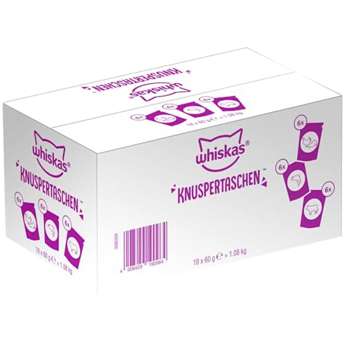 WHISKAS® KNUSPERTASCHEN™ Snack mixkarton, 3 soorten, 18VBE – whiskas