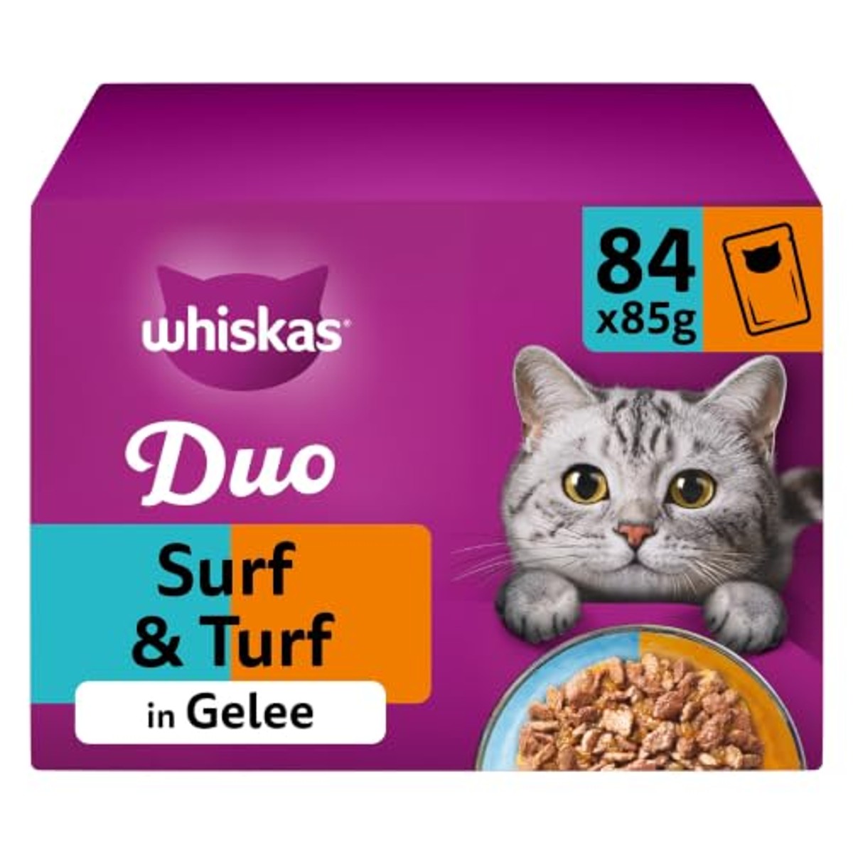 Whiskas Adult 1+ natvoer voor katten Tasty Duo Surf & Turf in gelei, 84 portiezakken, 84 x 85 g (1 grote verpakking) – hoogwaardig nat kattenvoer, voor volwassen katten – whiskas