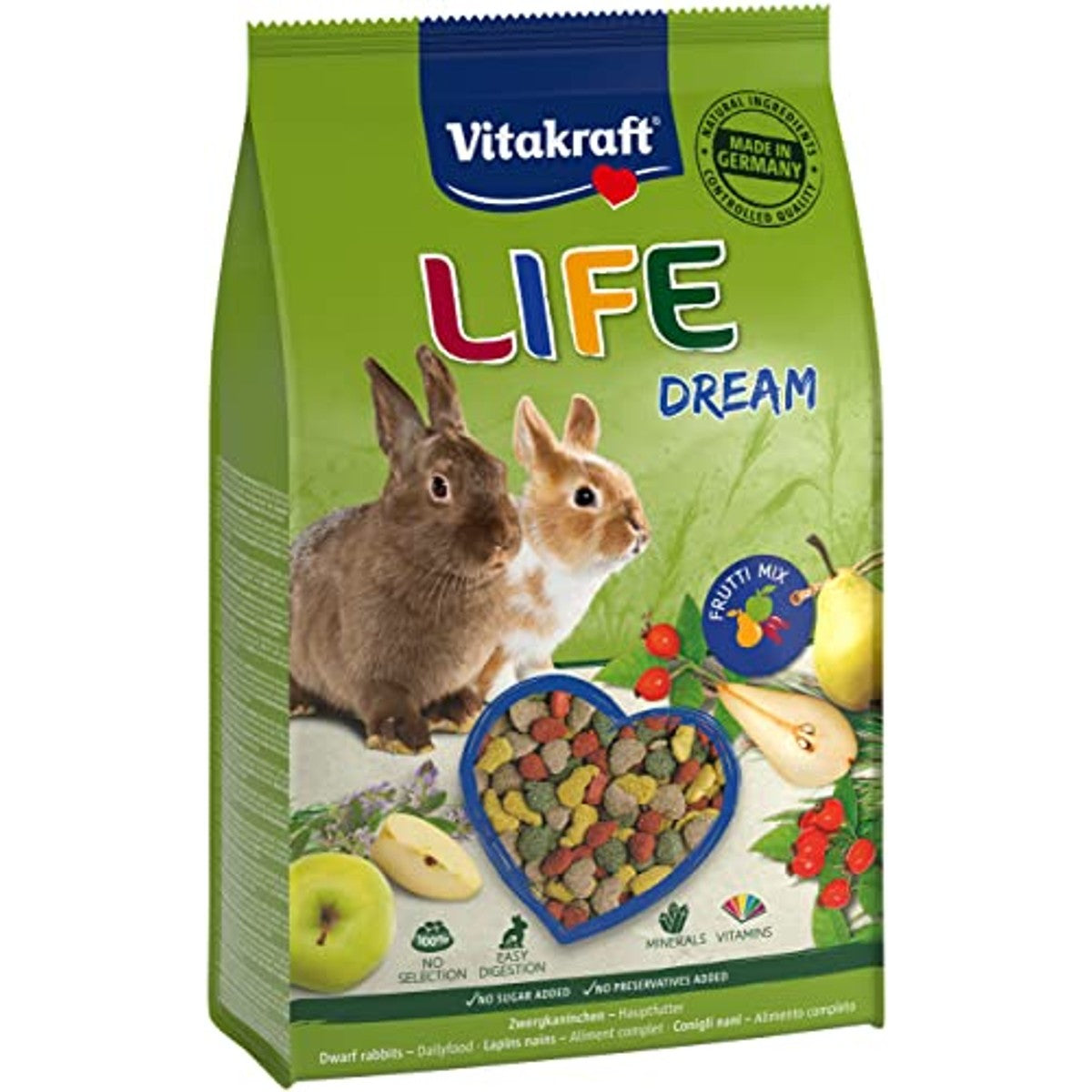 Vitakraft Life Dream, Zwergkaninchen Futter, mit Birne, mit Apfel, mit Hagebutte, unterstützt Verdauung und Zahnabrieb, ohne Zusatz von Zucker (1x 1,8kg) – Vitakraft