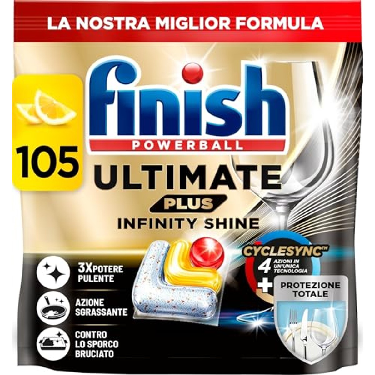 Finish Ultimate Plus Infinity Shine Citrus Vaatwastabletten voor intensieve reiniging tegen hardnekkige vlekken, sterke vetoplossingskracht en glans met beschermschild, 105 capsules – Finish